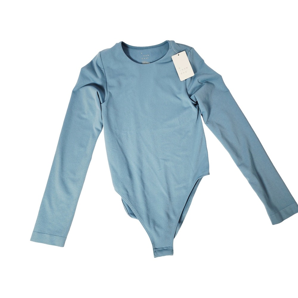 A New Day Womens‎ Long Sleeve Bodysuit Light Blue XS Crew Neck Snap Closure NEW